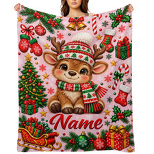 Personalized Christmas Reindeer Fleece Blanket Custom Name  Holiday Gift picture