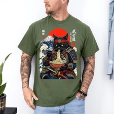 Black Cat Samurai Eats Ramen Funny Japanese Feline Warrior Unisex T-Shirt picture