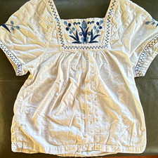 Madewell White & Blue Embroidered Square Neck Short Sleeve Peasant Blouse M picture