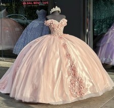 Pink Quinceanera Dresses Off Shoulder 3D Flowers Party Ball Gown For Sweet 15 16 picture
