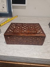 Vintage Hand Carved Wooden Jewelry Box with Blue Felt Lining picture