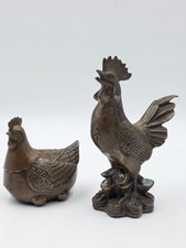 Pair Antique Chinese Bronze Rooster Hen Chicken Figures Qianlong Mark Auspicious picture