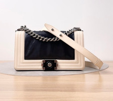 Chanel Boy Medium Black Beige Leather Silver HW Shoulder Bag Preowned Authentic picture