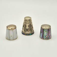 Vintage Thimbles— Mother of Pearl & Abalone Inlay Mexico Silver —Lot of 3 picture