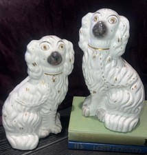 PAIR Antique 1800s English Staffordshire LARGE 10” Mantle Spaniels Gold Gilt picture