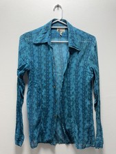 Vintage 70s Men’s Shirt Blue Turquoise Sheer Psychedelic Floral Disco Retro picture