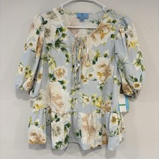 NWT CeCe Floral Keyhole Peplum Blouse Sz L Short Puff Sleeve Jewel Cottagecore picture