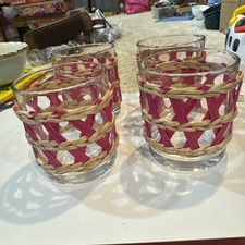 Set of 4 Pols Potten Reed glass tumbler pink and natural woven reed holder. picture