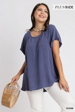 Umgee Plus Denim Color Linen Blend Round Neck Top with Frayed Edges at Hem picture