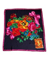 Vintage 1980s Silk Scarf French Postage Stamp Floral Bow 34” Square Hand Rolled picture