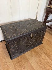Mid 20th Century Or Earlier Solid Painted Wood and Ornate Metal Strongbox picture
