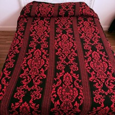 Vintage Red Black Damask Woven Bedspread Knotted Fringe Gothic Victorian 100x82 picture