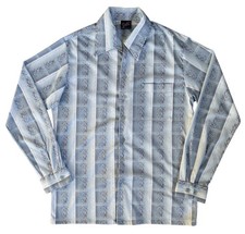 Vintage Joel Cal Made Shirt Mens M Blue Geometric Print Button Disco Lounge 70s picture
