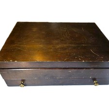 Antique 11x15 Wooden Silverware Box & Wm. Rogers Silverplate Flatware Set picture