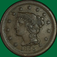 1855 Braided Hair Large Cent Almost Uncirculated AU Coin #45428 picture