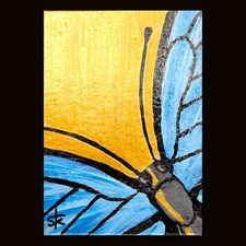 Original ACEO 3.5x2.5 Modern Blue Butterfly Gold Background Painting Paper picture
