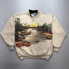 Art Unlimited Sweatshirt Mens Medium Tan Vintage Cabin Nature Scene USA picture