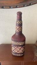 Vtg Rustic Artisanal Leather Rattan Geometric Wrapped Bottle W/ Leather Cork 9” picture