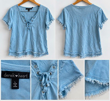 Derek Heart Womens Large Blue Lace Up Top Frayed Hem Short Sleeve Boho Shirt picture
