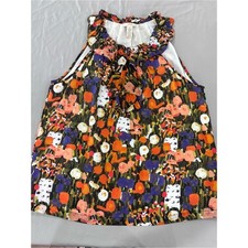 J Crew Womens M Silk Cotton Floral Blouse Ruffle Tie Neck Sleeveless Lined Top picture