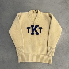 Vintage 1930/1940s Heavy Knit Wool Letterman Sweater Shawl Collar TKT Felt Patch picture