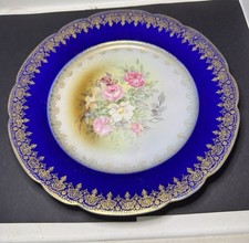 Antique Haviland Limoges France Cobalt Blue Gold Rose Floral Plate c1900 picture