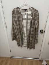 Talbots Cotton Blend Knit Open Front Plaid Cardigan Sweater Brown/Beige XL NWT picture