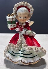 Vintage Napco Christmas Angel Girl Figurine Presents Spaghetti Trim Japan picture