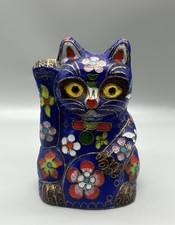 Vintage Cloisonne Enamel Lucky Cat Figurine Blue Brass Maneki Neko Beckoning picture