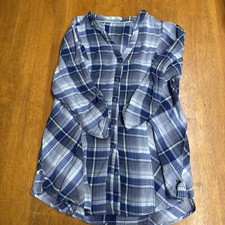 Maurice’s L Blue Plaid 3/4 Sleeve V Neck Top picture