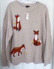 NWT NEW FALL TALBOTS LARGE FOX CREWNECK SWEATER TAN HEATHER MULTI $139.00 picture