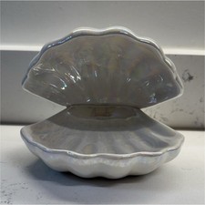 Vintage Iridescent White Ceramic Seashell Dish Pearl Oyster Shell Jewelry Tray picture