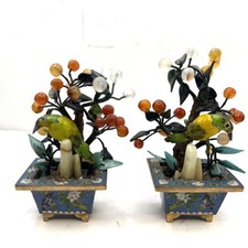 Pair of Antique 20th c. Chinese Parrot, Turquoise Agate Flower Bonsai Tree picture
