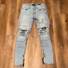 PacSun Mens Stacked Skinny Distressed Moto Jeans Light Wash Blue 32x32 Grunge picture