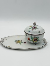 Antique Nymphenburg Porcelain Floral Sugar Bowl & Tray Basket Weave Set 2 PCs picture