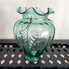 Fenton Handmade USA Green Art Glass Vase Decorative Ruffled/Scalloped Rim picture