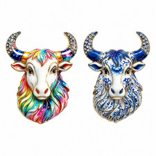 2Pcs Bull Cow Brooch Set Rhinestone Enamel Animal Pin Blue Rainbow Statement picture