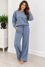 Zenana Scuba Crewneck Pullover & Pants Set Size Large 12/14 NEW Sealed Blue Gray picture