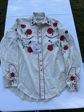 NWT Rockmount Ranch Wear Khaki Rose Embroidered Western Snap Shirt Size L Floral picture