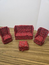 Vintage Miniature Dollhouse Floral Upholstered Sofa, 2 Chairs, & Ottoman. picture