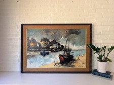 Vintage Boris Cenic Framed Painting | Sailboat on River Bank picture