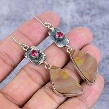 Camel Agate, Rubelite Gemstone Handmade Dainty  925 Sterling Silver Earring picture