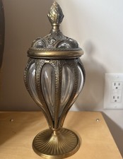 Rare Vintage Baroque Brass And Blown Caged Glass Apothecary Jar With Lid picture
