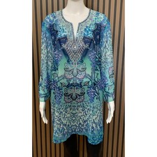 Chicos Blue Teal Animal Paisley Sequin Tunic Top Size 4 US 20/22 Sheer Blouse picture