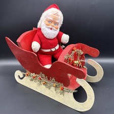 Vintage MCM Rubber Face Plush Santa Handmade Wood Sleigh Christmas Decor picture