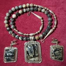 Vintage Navajo Picasso Jasper Sterling Silver Necklace Set Earrings AJ Hallmark picture