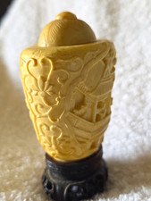 Vintage Chinese Carved Snuff Bottle  w/ Stopper & Fitted Stand picture