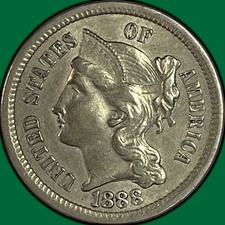 1888 Three Cent Nickel Choice Almost Uncirculated AU+/UNC Coin #45393 picture
