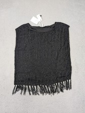 Joie Cecile Top Womens Medium Black Beaded Fringe Sleeveless Dressy Shirt picture