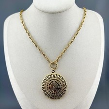 Vintage 1928 Jewelry Locket Necklace Filigree Round Pendant Gold Tone 27” picture
